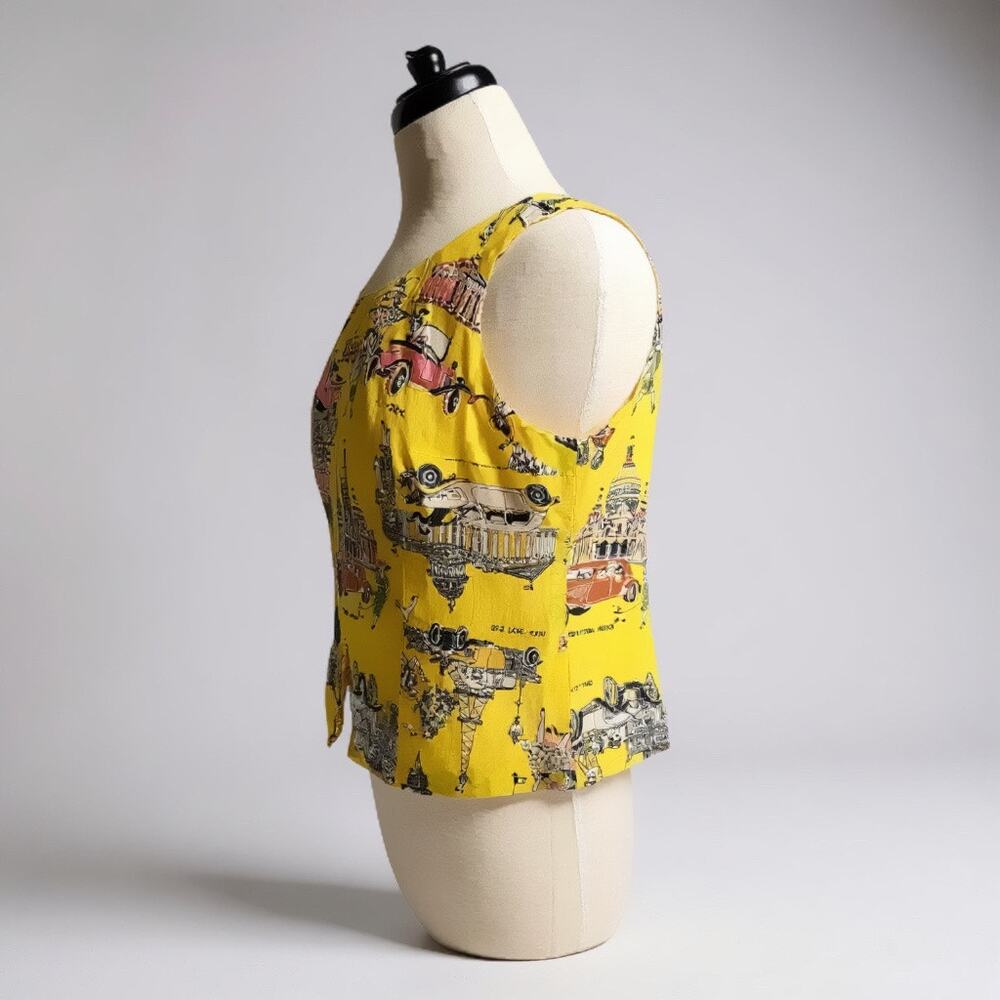 Vintage Criscione 100% Silk Top - Bold Yellow - Art Deco Cityscape - Picture 3 of 6